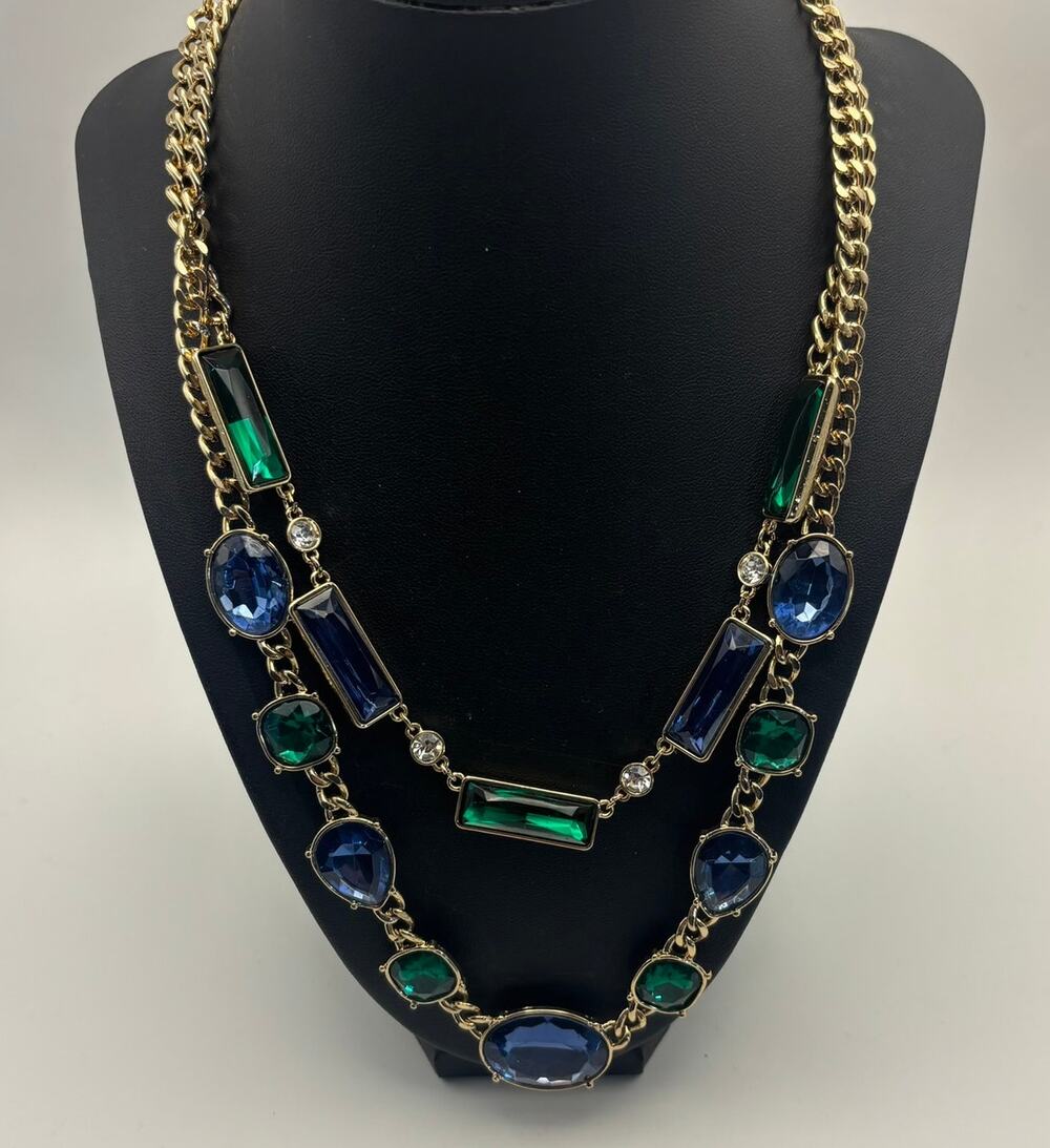 Signed NRQ (Avon) Goldtone Green Blue Rhinestones Double Strands Necklace